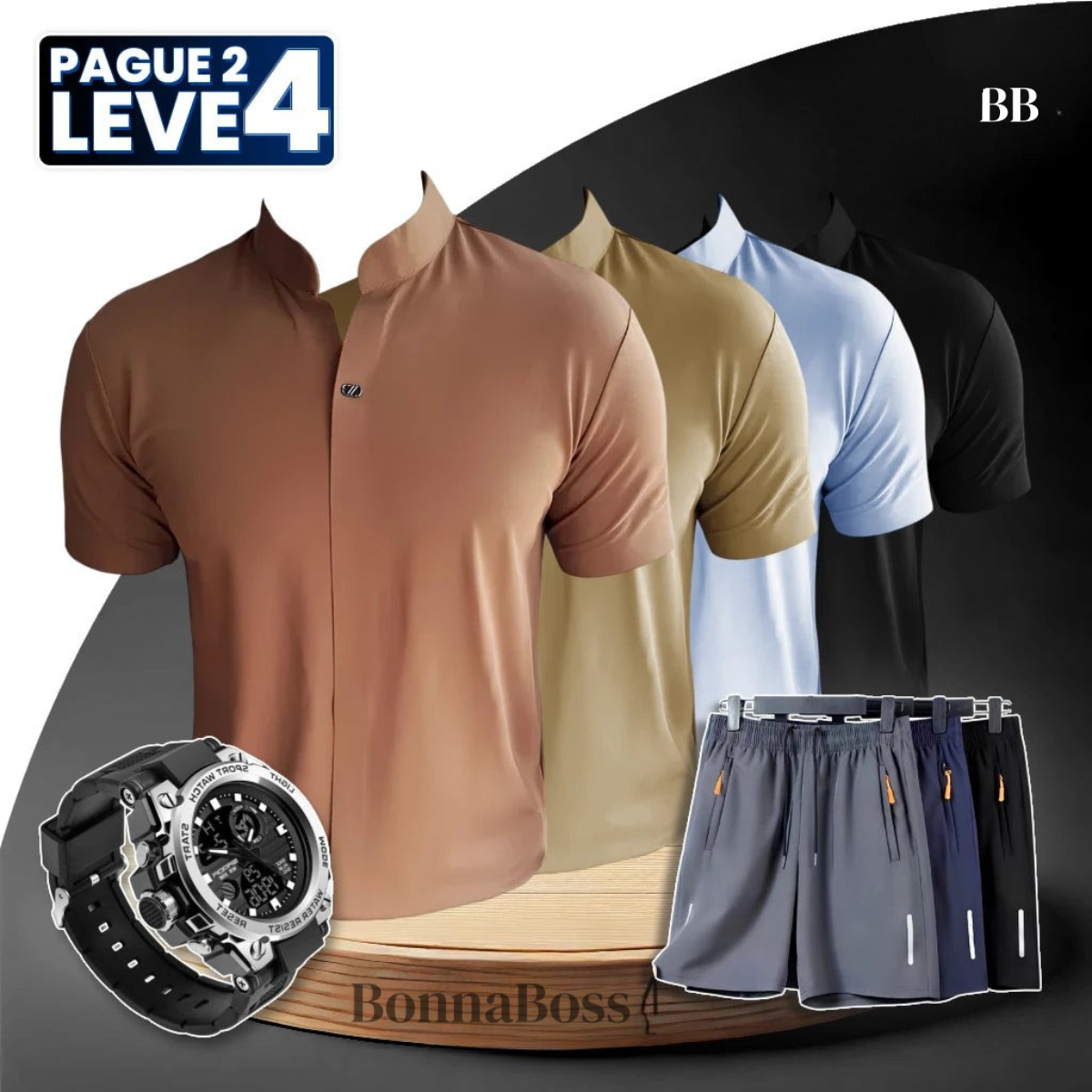 [Pague 2, Leve 4] Camisa Polo Casual Domirax em Seda Gelo e Poliéster + BRINDES: 3 Bermudas e Relógio Tático